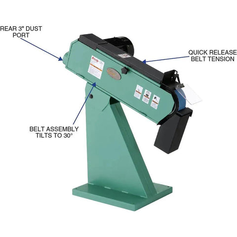 Heavy Duty 4 HP Metal Belt Sander and Grinder with 3x79 Inch Abrasive Belt features adjustable tilting belt assembly.
