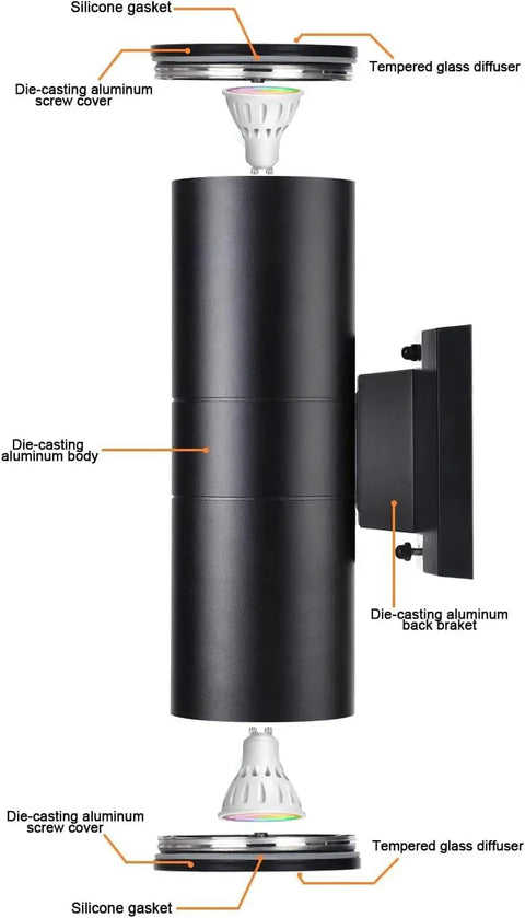 Exterior Double Up Down Outdoor Wall Lights With Remote Control, RGB Color Changing Smart LED Cylinder diagram with components
