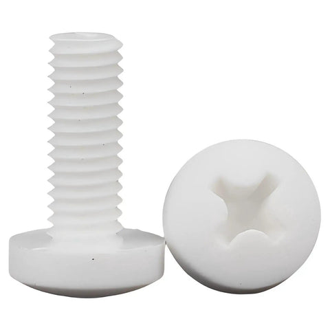 Top Shelf M4x16 Polypropylene Phillips Pan Head Screw Kit With Solid Nuts And Washers Non Conductive Metric Fasteners on white background.