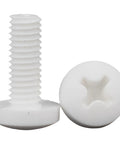 Sweet Deal 100 Piece M3X25 Polypropylene Phillips Pan Head Screws With Matching Nuts And Washers serve for electronics, close-up of white screw
