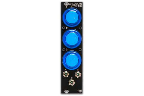 Front view of Rhythms Arcade Style Manual Gate Eurorack PCB And Panel Set For Drums And Envelopes Arcade Button Module.