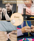 Collage of people struggling with needle threading, highlighting the challenge addressed by the 3 Pack 2 In 1 Seam Ripper And Needle Threader Set For Hand Sewing, Handy Compact Design, Dual Function Tools For Quick Stitch Removal And Easy Needle Threading, Perfect For Cross Stitch And Everyday Sewing Projects.