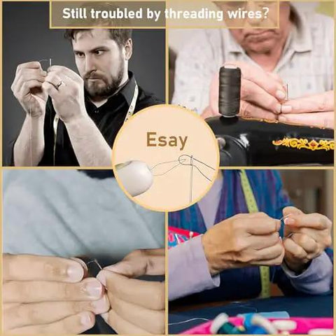 Collage of people struggling with needle threading, highlighting the challenge addressed by the 3 Pack 2 In 1 Seam Ripper And Needle Threader Set For Hand Sewing, Handy Compact Design, Dual Function Tools For Quick Stitch Removal And Easy Needle Threading, Perfect For Cross Stitch And Everyday Sewing Projects.