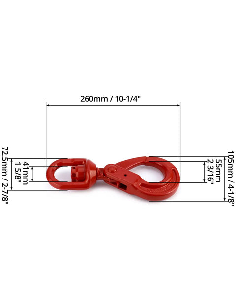 Grade 80 Forged Swivel Self Locking Hook For Three Eighths Inch Chain, 7100 Lb Working Load Limit, Heavy Duty Hoisting Rigging Connector For Lifting And Hoists, red with dimensions