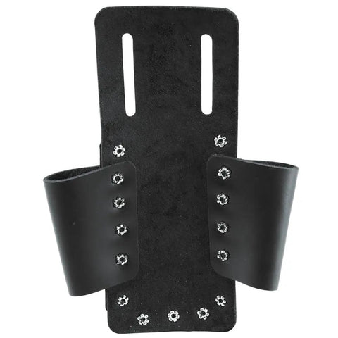 Back view of Leather Tool Pouch With Four Pockets And Knife Holder, Riveted Belt Mount Multi Tool Carrier For Electricians, Fits Belts Up To Two Inches, Durable Handcrafted Leather, Ideal Gift For Hardware Hobbyists