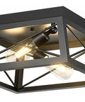 Industrial Ceiling Light Fixture 2 Light Farmhouse Semi Flush Mount Black Metal Cage With Faux Wood Finish