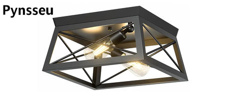 Industrial Ceiling Light Fixture 2 Light Farmhouse Semi Flush Mount Black Metal Cage With Faux Wood Finish