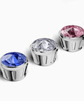 Sparkly Rhinestone License Plate Screw Caps 4 Pack Premium Alloy Bolt Covers White Crystal Auto Fasteners with blue, clear, and pink gems.