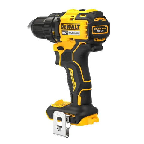 Heavy Hitter 20V Max Brushless Compact Drill Driver featuring 1/2 inch ratcheting chuck, black and yellow design, and LED light.
