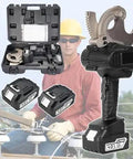 Heavy Duty Ratchet Cable Cutter Chops Through Thick Copper Aluminum And ACSR Wiring Quick With Solid Charge Lithium Batteries And Ergonomic Non Slip Handle For Effortless Pro Electrical Work with batteries and carrying case.