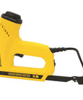 Heavy Duty Electric Staple And Brad Nail Gun With Dual Hi Lo Trigger For No Sweat Woodworking One Half Nine Sixteenths And Five Eighth Brads Eight Foot Cord Real Mule Power side view of yellow electric stapler