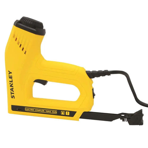 Heavy Duty Electric Staple And Brad Nail Gun With Dual Hi Lo Trigger For No Sweat Woodworking One Half Nine Sixteenths And Five Eighth Brads Eight Foot Cord Real Mule Power side view of yellow electric stapler