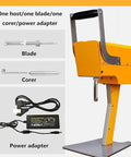 Effortless Whole Fruit Citrus Juicer Press Featuring Smart 3 Leaf Tech displayed with blade, corer, and power adapter.