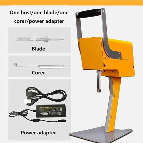 Effortless Whole Fruit Citrus Juicer Press Featuring Smart 3 Leaf Tech displayed with blade, corer, and power adapter.