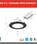 6-Inch Round LED Recessed Downlight Wafer With 5-In-1 Switchable Color Temperature, 120V, Matte Black Finish, dimensions shown.