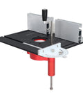 Heavy Duty Router Table Insert Plate With Slick Lift Base Kit And Built Tough Support Rod For No Hassle Woodworking Builds And Tight Chamfering Cuts Daily, showing plate with adjustment handle.