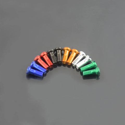 Colorful Spoke Cap Set For Mountain And Road Bikes, 60Pcs 14G Iron Nipple Caps in 7 color options arranged in a semi-circle