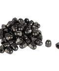 Top Shelf 50 Pack M4 Acorn Hex Cap Dome Nuts Slick Black Galvanized Steel Threaded Fasteners piled with one nut beside.