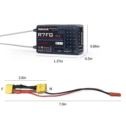 7 Channel RC Transmitter With Gyro Receiver R7FG 2.4GHz Surface Radio dimensions and connectors shown