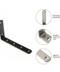 Beefed-Up Heavy Duty L Shaped Corner Bracket For Furniture Reinforcement showing drilled holes and steel material.
