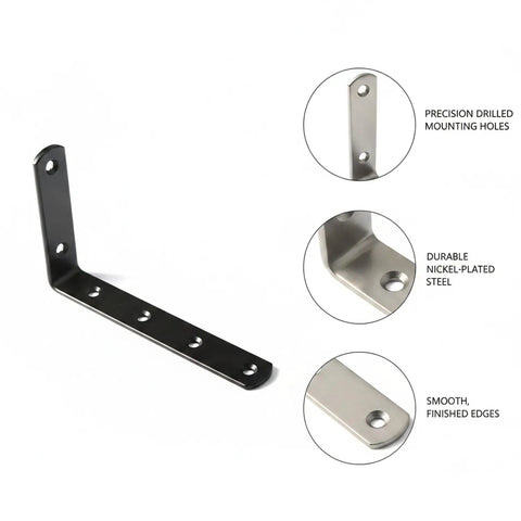 Beefed-Up Heavy Duty L Shaped Corner Bracket For Furniture Reinforcement showing drilled holes and steel material.