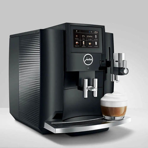 Recertified S8 Automatic Coffee And Espresso Maker In Slick Piano Black Featuring Color Touchscreen Aroma Grinder And Fine Foam Tech for brewing coffee and espresso.