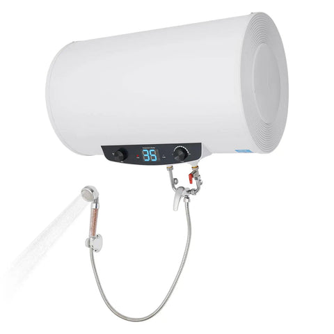 18.5 Gallon Horizontal Electric Hot Water Heater With Slick Wall Mount Hardware And Clear Temperature Display with shower attachment.