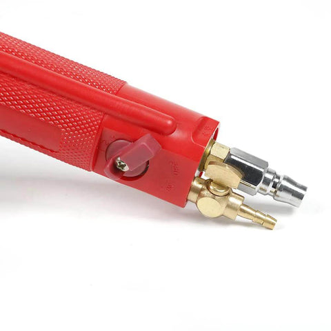 Red 4-inch water jet pneumatic grinder with brass fittings and metal nozzle, close-up view