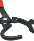 Close-up of exhaust hanger removal pliers with red handle and forked black jaws