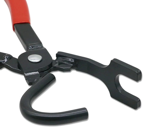 Close-up of exhaust hanger removal pliers with red handle and forked black jaws