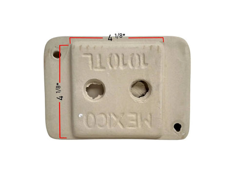 Back view of White Glazed Ceramic Soap Dish for Bathroom Wall Mount with Tile Adhesion showing dimensions and mounting holes.