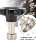 Long Handle Watch Opener Set With 7 Dies Aluminum Alloy Case Wrench 5537 showing close-up of wrench and compatible watch case. 