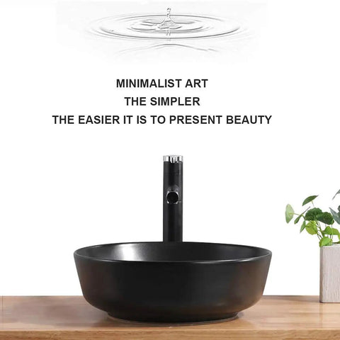 Premium Rectangular Vessel Bathroom Sink Polished Ceramic Above Counter Basin Stain Resistant No Sweat Cleanup Lavatory Vanity Upgrade In Sleek Black With Heavy Duty Glaze on wooden surface with plant.