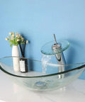 Slick 22 Inch Clear Glass Vessel Sink For Bathroom Oval Above Counter Bowl with Modern Waterfall Faucet and Pop Up Drain Combo