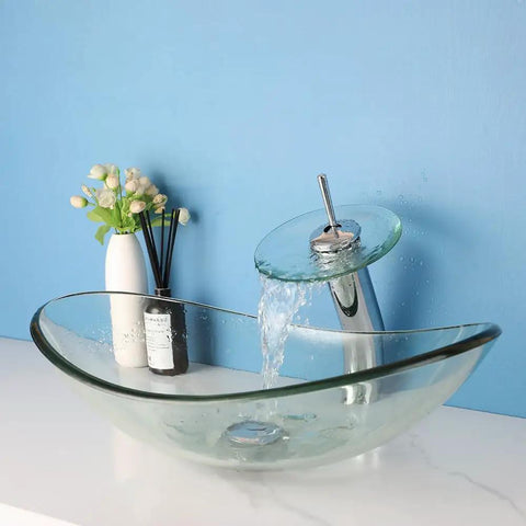 Slick 22 Inch Clear Glass Vessel Sink For Bathroom Oval Above Counter Bowl with Modern Waterfall Faucet and Pop Up Drain Combo