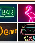 Neon sign collage: green BAR with cocktail, pink flamingo, orange Demo, and car outline with CAR.