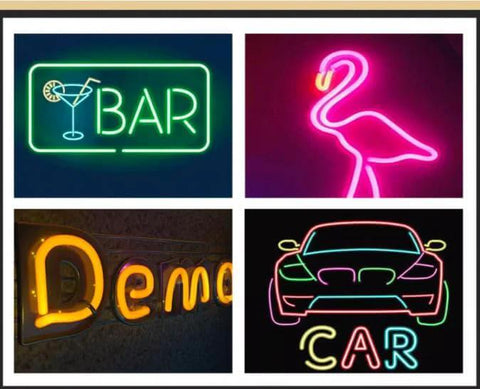 Neon sign collage: green BAR with cocktail, pink flamingo, orange Demo, and car outline with CAR.