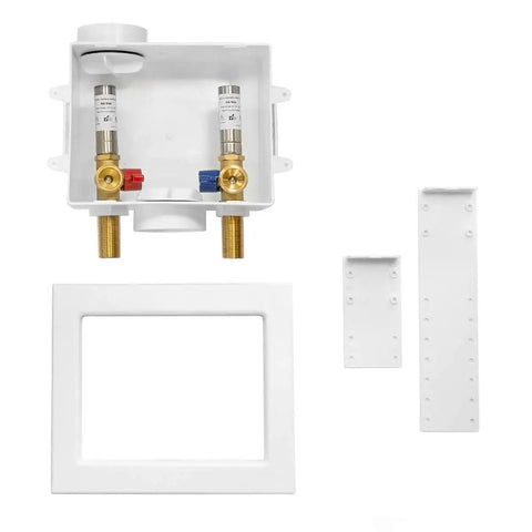 Washing Machine Outlet Box With Center Drain And Built In Stainless Steel Water Hammer Arrestors Quarter Turn Ball Valves