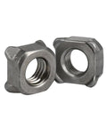 Built Tough Carbon Steel Square Weld Nuts For Badass Metal Fabrication Tools And Hardware Assembly With Precision Threads Metric Sizes M4 To M12 10 Piece Pack Of M8, two M8 square weld nuts, carbon steel, showcasing four-corner design.