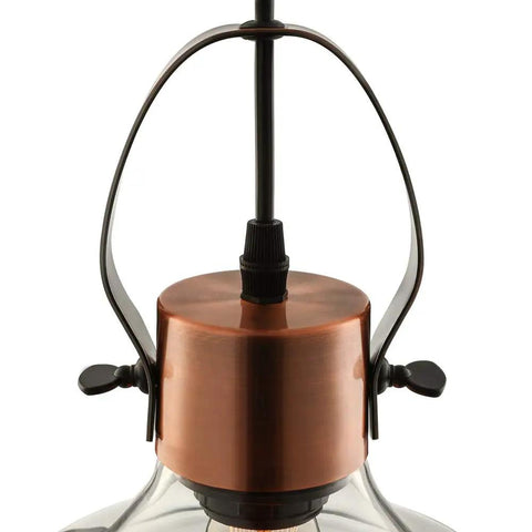 Industrial Edison Pendant Light With Clear Glass Dome Copper Finish Ceiling Fixture close-up of copper mount