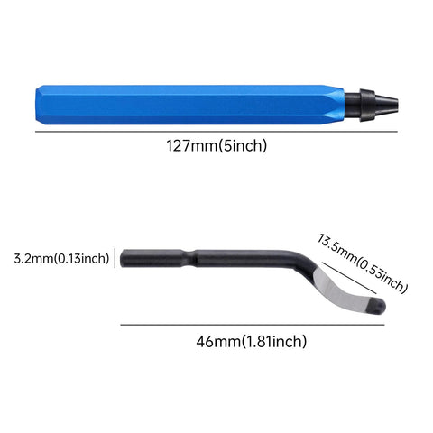 Blue deburring tool with replaceable curved blade and 10 BS1010 HSS blades for metal, resin, PVC pipes and 3D-printed edges