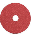 Ceramic Resin Fiber Discs To Crush Welds And Polish Metal Surfaces Fast 4-1/2 Inch 36 Grit disc with 7/8 inch arbor, red surface.
