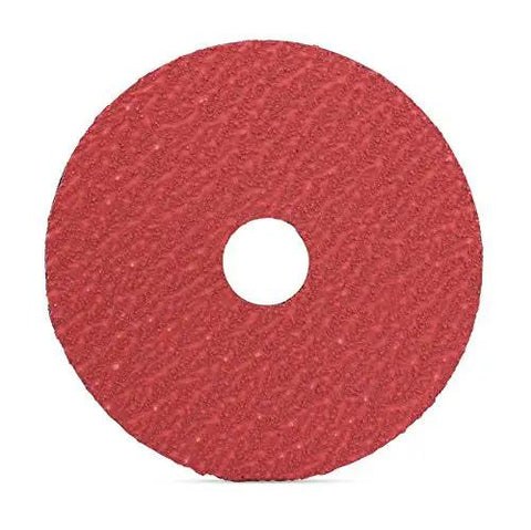 Ceramic Resin Fiber Discs To Crush Welds And Polish Metal Surfaces Fast 4-1/2 Inch 36 Grit disc with 7/8 inch arbor, red surface.