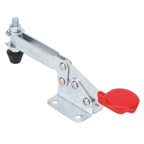 Tough As Nails Horizontal Toggle Clamp With Quick Release Lever For Woodworking And Machine Shop Work Durable Steel Build easy grip design shown from the side.