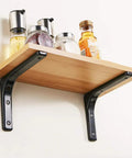 Heavy Duty Triangle Steel Shelf Brackets For Floating Walls Rust Proof Powder Coat supports wooden shelf with kitchen contents.