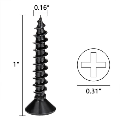 Front view of 600 Pcs Size Eight By One Inch Black Wood Screws Self Tapping For Furniture Assembly Cabinets Wardrobe DIY Projects