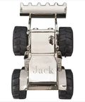 Front End Loader Tractor Piggy Bank For Baby, engraved silver coin bank with custom name "Jack," kid friendly keepsake jar.