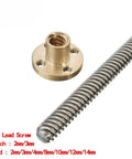 Lead Screw For CNC And 3D Printer With Brass Nut, 2 Or 3 mm Pitch, Showing T10 Lead Screw and Brass Nut on White Background
