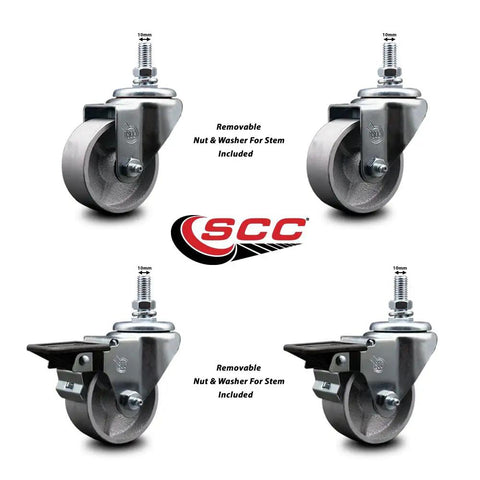 Heavy Duty Semi Steel Swivel Casters Set Of 4 With Rock Solid Cast Iron Frames And Silver Wheels That Roll Like Butter Fit 3 In X 1 25 In And 10 Mm Threaded Stems Includes Two Posi Lock Brakes For 1200 Lb Capacity display