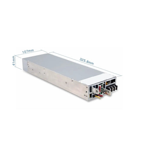 Built Tough Industrial Switching Power Supply With Short Circuit And Overload Protection For Heavy Machinery, 325.8mm long, silver metal casing.